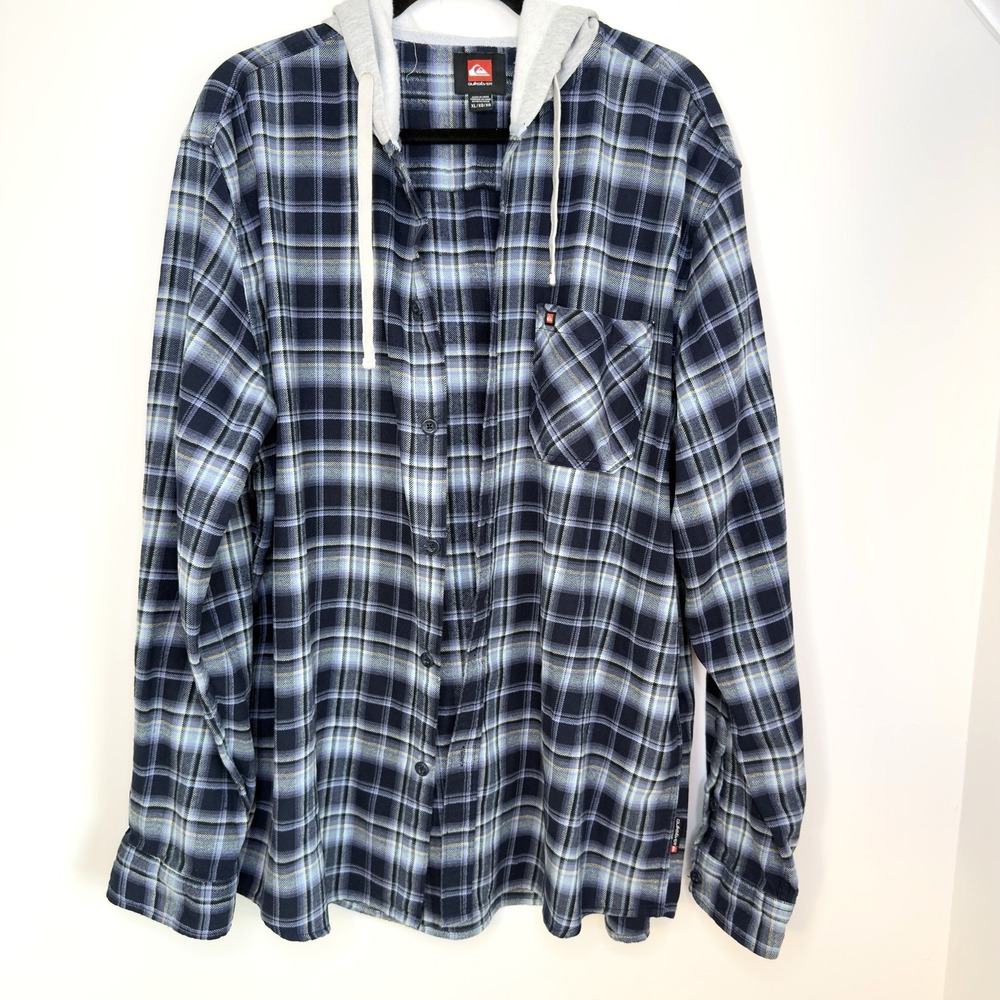 Quiksilver Men's Hooded Flannel Shirt XL Blue Gray Plaid Button Up Long Slee Y2K